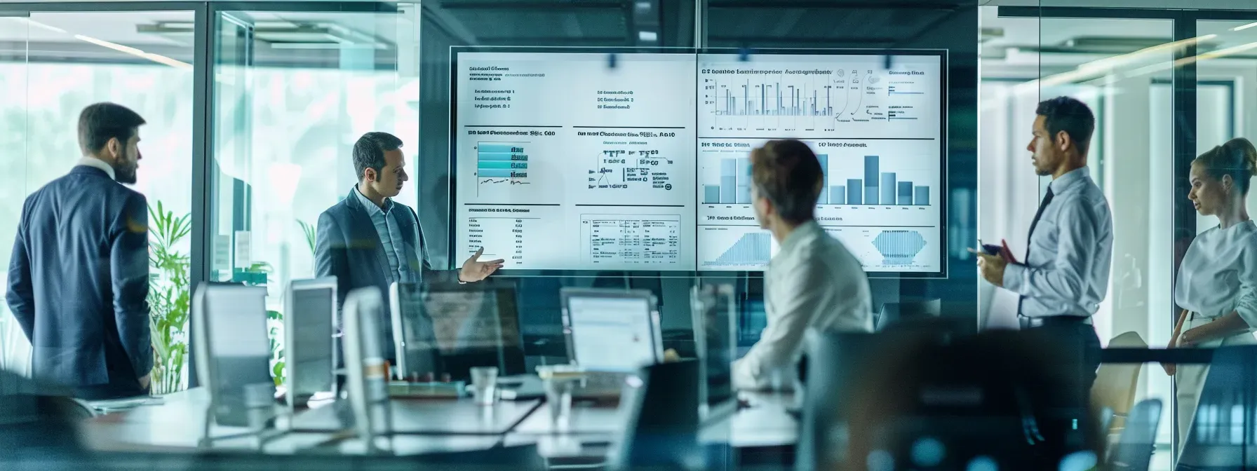 un entorno de oficina moderno y bien iluminado donde se discuten propuestas de responsabilidad social empresarial, con un enfoque en una pantalla que muestra datos sobre iniciativas de seguridad industrial, reflejando la colaboración entre departamentos mientras un grupo diverso de profesionales observa con interés.