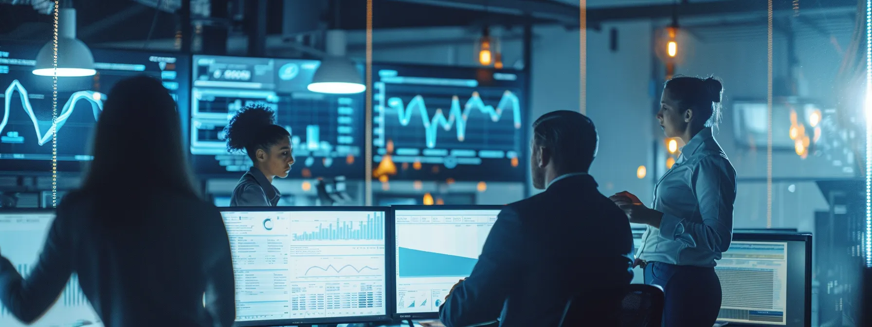 un entorno de oficina moderno y dinámico, donde un grupo diverso de profesionales observa gráficos de datos en pantallas digitales, discutiendo estrategias de mejora en la consultoría de seguridad industrial, con luces brillantes que resaltan el enfoque en la eficiencia y la colaboración.