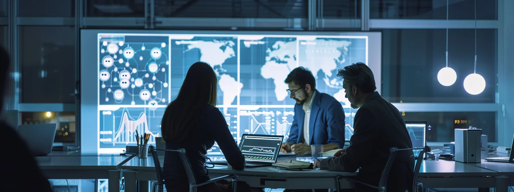 un ambiente de oficina moderno y pulcro, donde profesionales están discutiendo y analizando gráficos de seguridad industrial en una pantalla digital, iluminados por luces artificiales que resaltan la seriedad y la importancia de la consultoría en seguridad industrial.