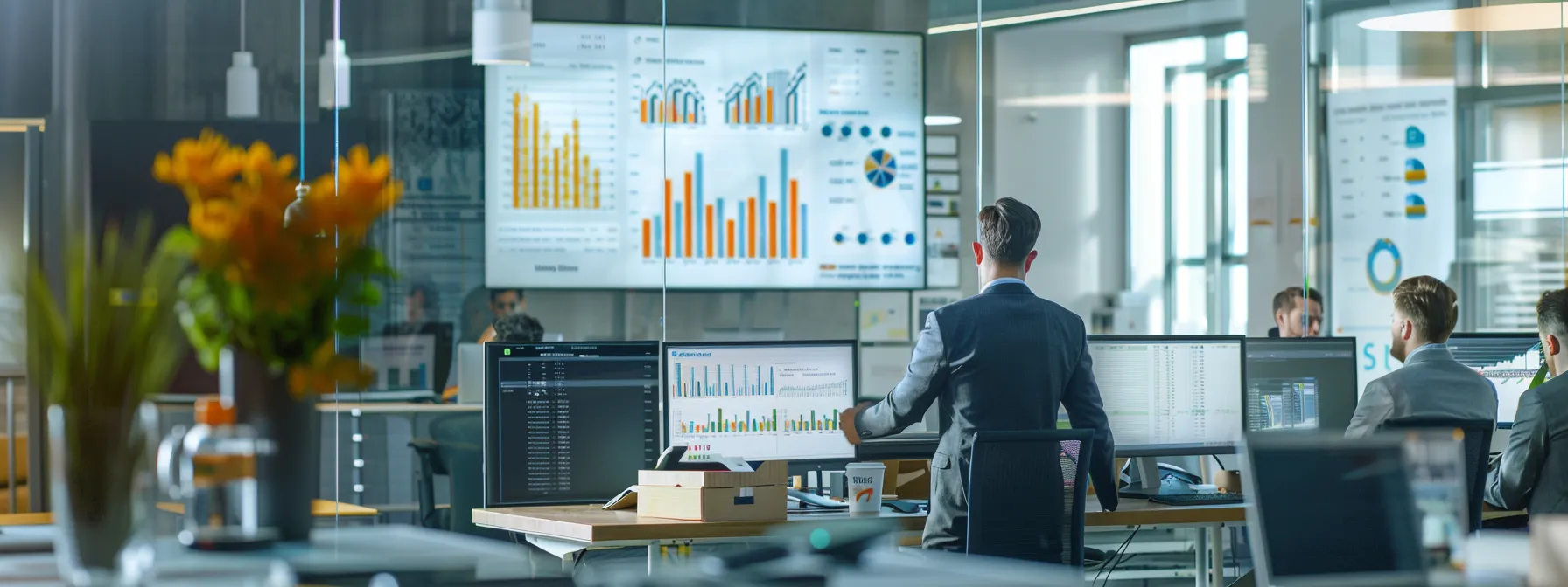 una oficina moderna y bien iluminada, con consultores revisando minuciosamente un plan de acción sobre seguridad industrial, destacando gráficos de desempeño en pantallas digitales y documentos de auditoría sobre la mesa.