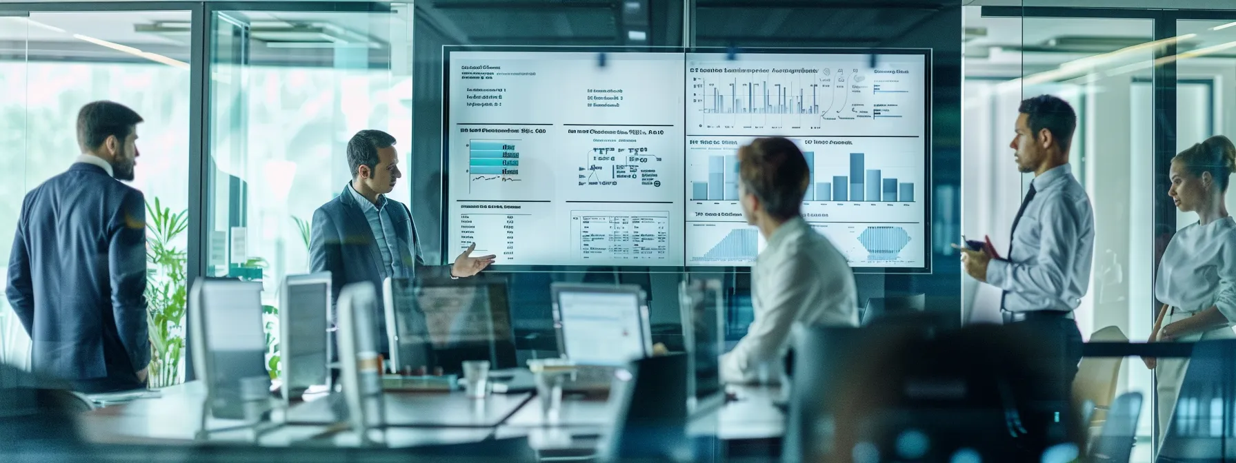 un entorno de oficina moderno y bien iluminado donde se discuten propuestas de responsabilidad social empresarial, con un enfoque en una pantalla que muestra datos sobre iniciativas de seguridad industrial, reflejando la colaboración entre departamentos mientras un grupo diverso de profesionales observa con interés.