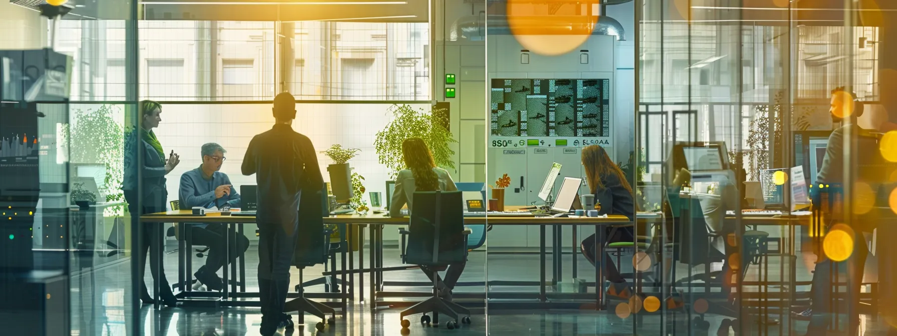 un moderno espacio de oficina industrial, con paneles de control y maquinaria de seguridad, donde un grupo diverso de profesionales discute estrategias de responsabilidad social empresarial en torno a una mesa con gráficos de sostenibilidad y rendimiento energético.