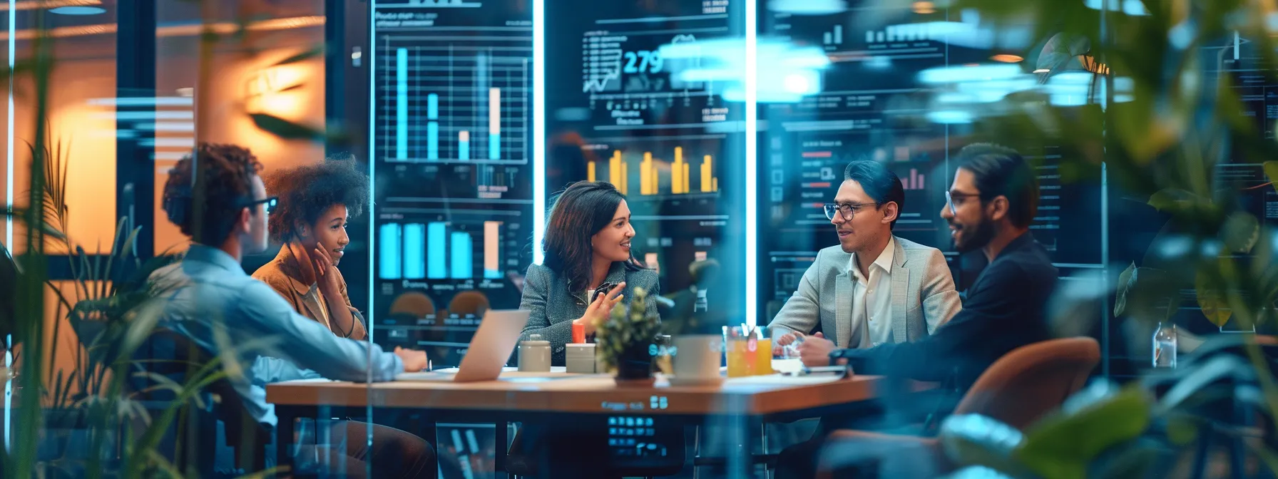un moderno entorno de oficina donde un grupo diverso de profesionales discute animadamente alrededor de una mesa, con gráficos de seguridad industrial y estadísticas destacadas en pantallas digitales, reflejando el impacto positivo de la consultoría en la reducción de accidentes laborales y el fortalecimiento de la reputación corporativa.