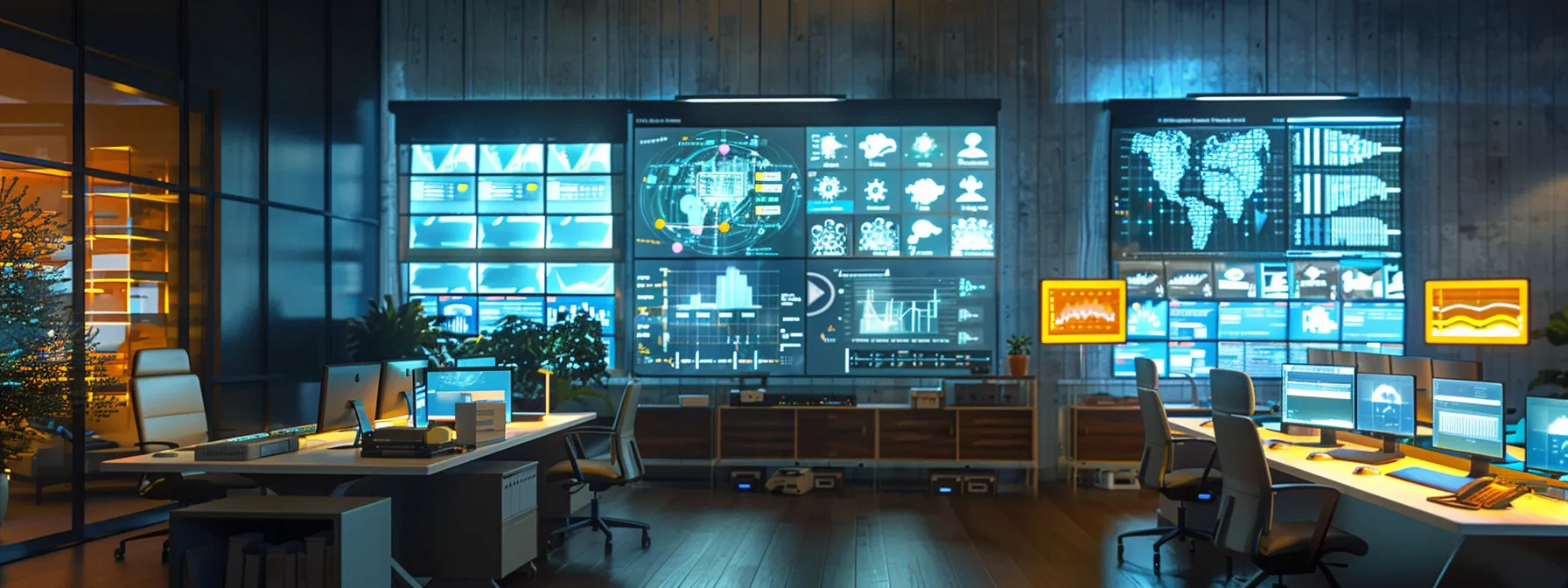 una oficina moderna convertida en un centro de control de seguridad industrial, donde pantallas interactivas muestran gráficos de sostenibilidad y protocolos de seguridad digital, mientras profesionales colaboran en un ambiente urbano iluminado por luces led, enfatizando la innovación y la responsabilidad social empresarial.
